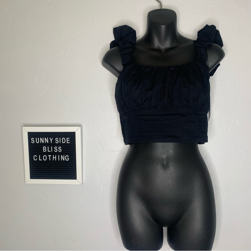 Abercrombie Black Cropped Poplin Ruffle Scrunch Strap Top Size Small